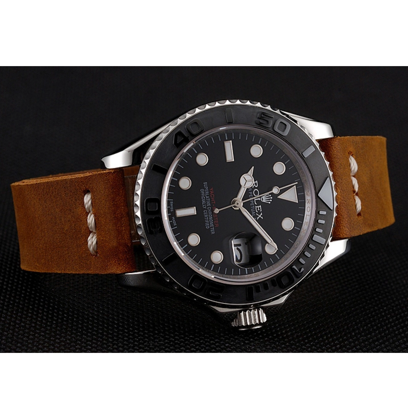 Aaa replica Black Dial Bracelet Rolex 1453859 Brown Silver Leather Yacht Master Case 0807